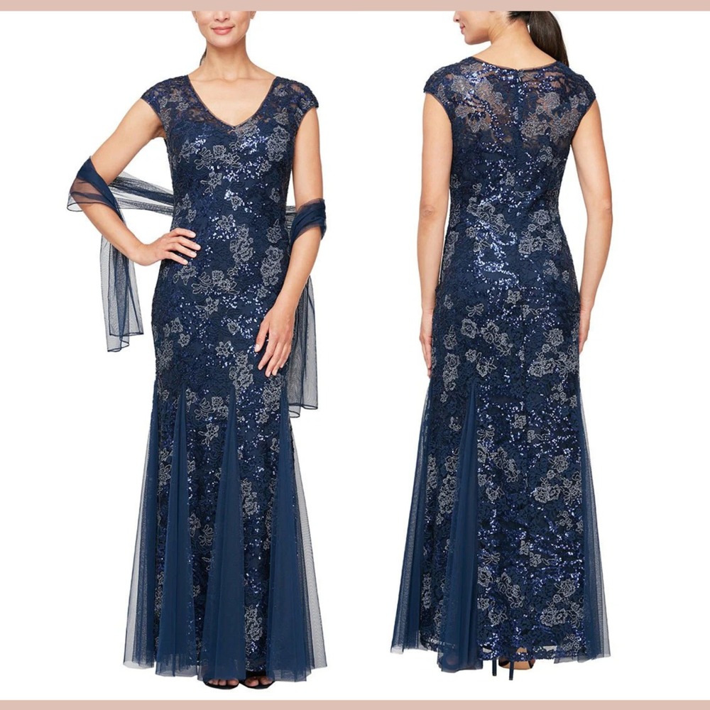 NWT $269 Alex Evenings [‎ 10P ] Sequin Embroidered Trumpet Gown Navy Blue Q1200